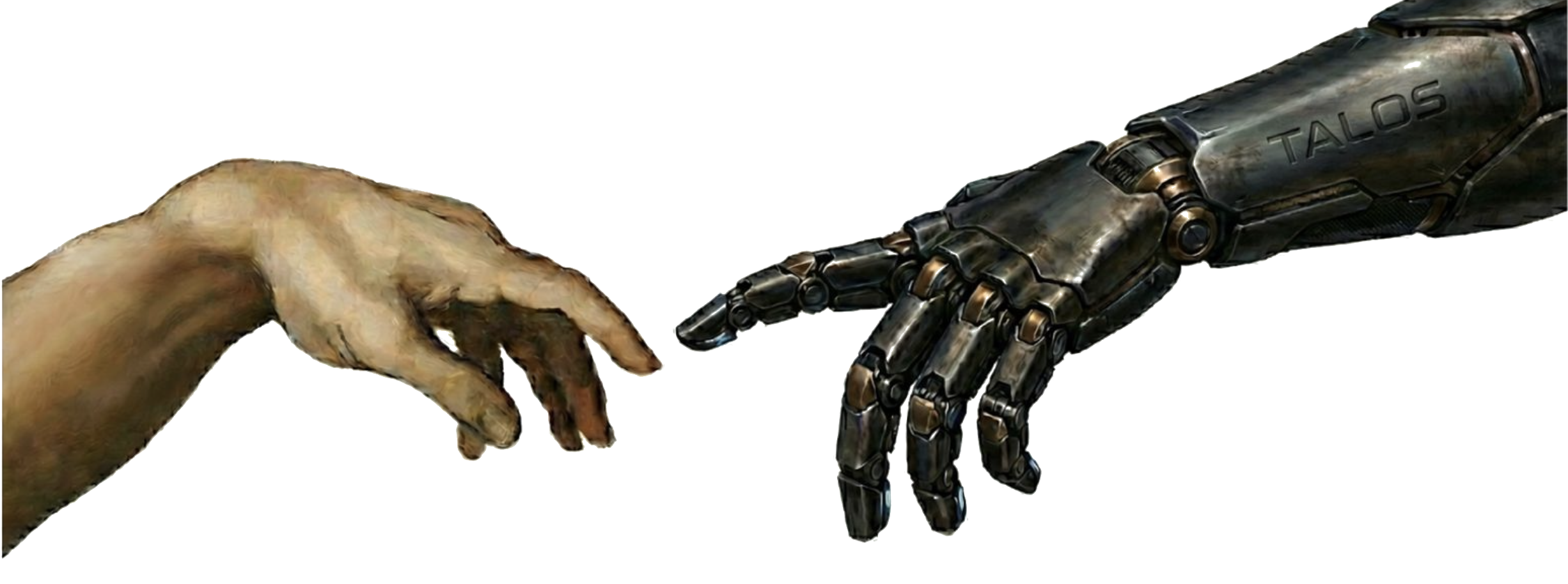 Human hand reaching toward a robotic TALOS hand